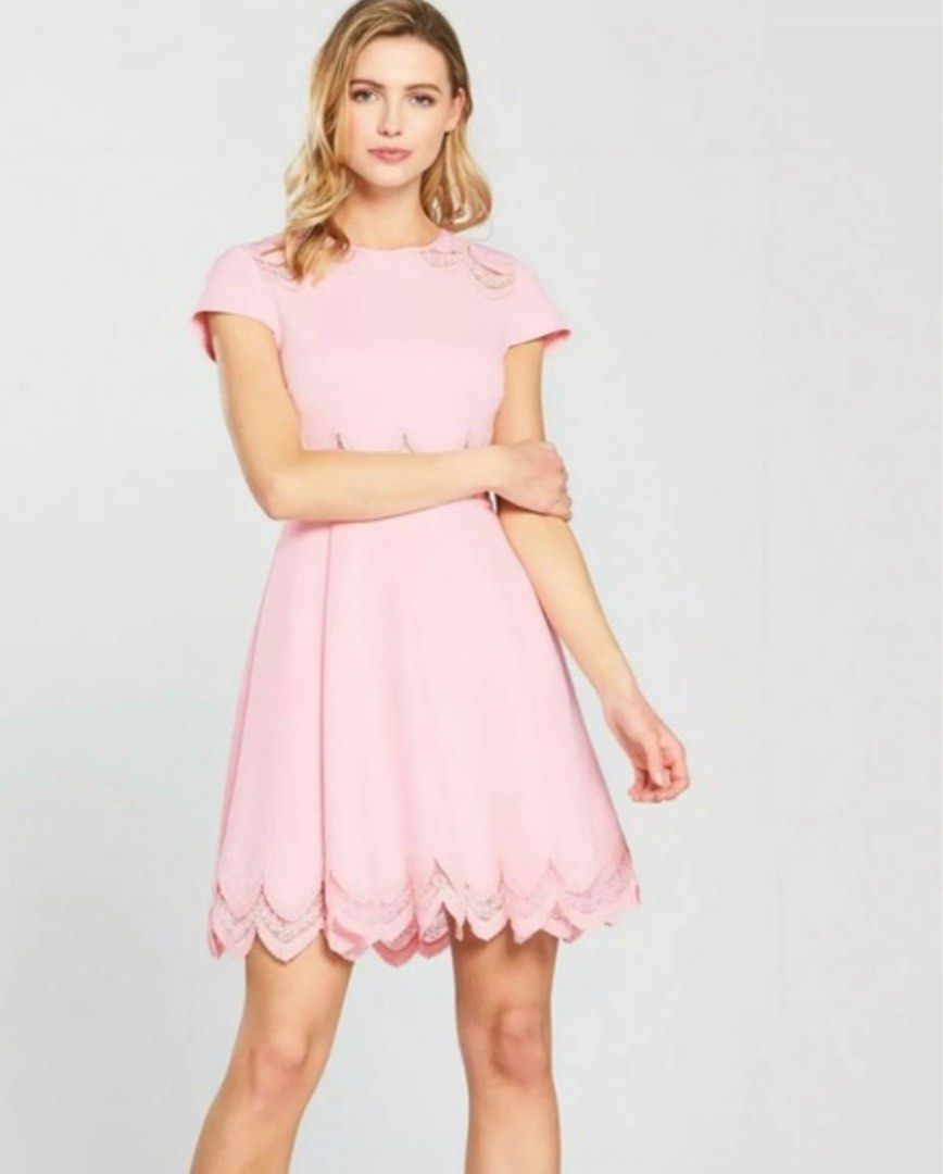 Ted Baker Rehanna Lace Trim Embroidered Skater Dress Baby Pink