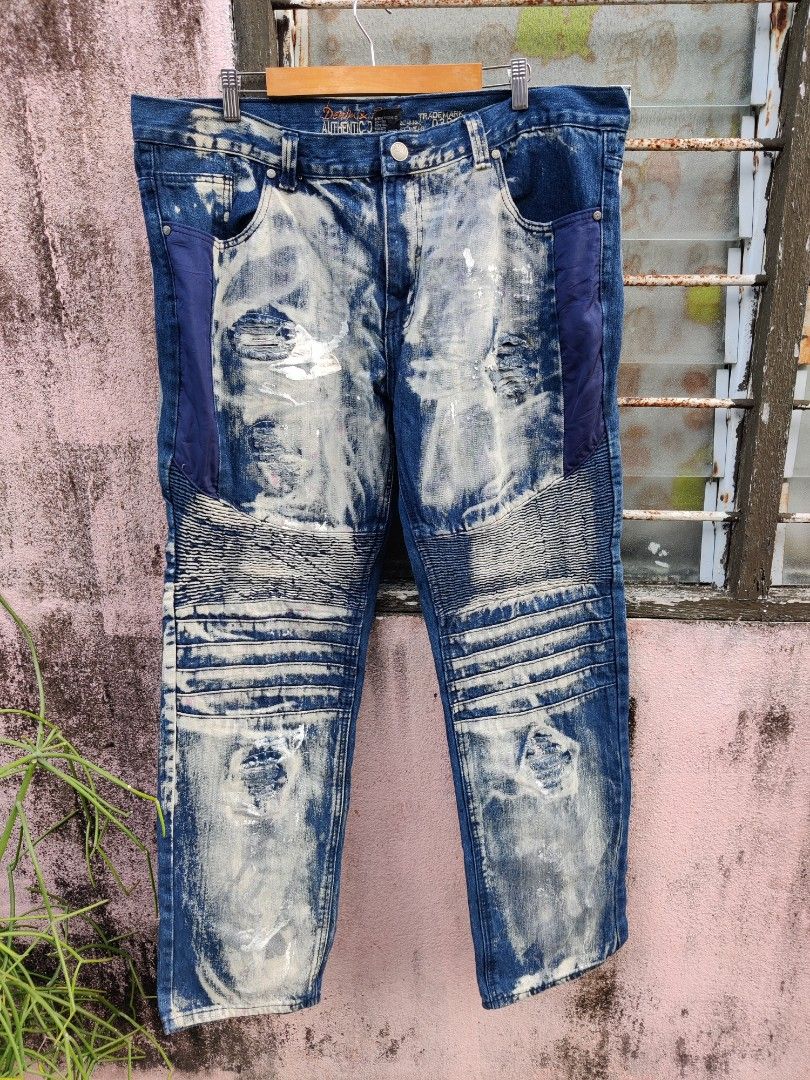 Vintage Distressed Style Biker Paint Splatter Denim and Rivets Jeans