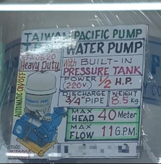 Water pump with Built in PRESSURE tank 1/2hp 220v made in TAIWAN.  Pacific Pumps