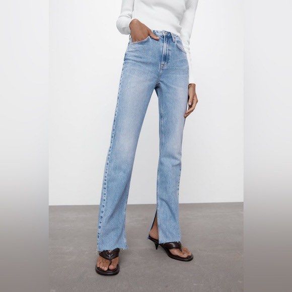 Zara high rise slim flare jeans w split hems