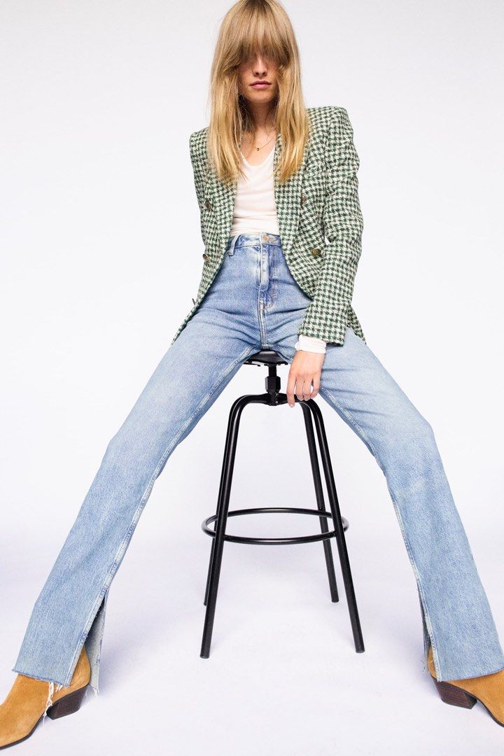 Zara high rise slim flare jeans w split hems