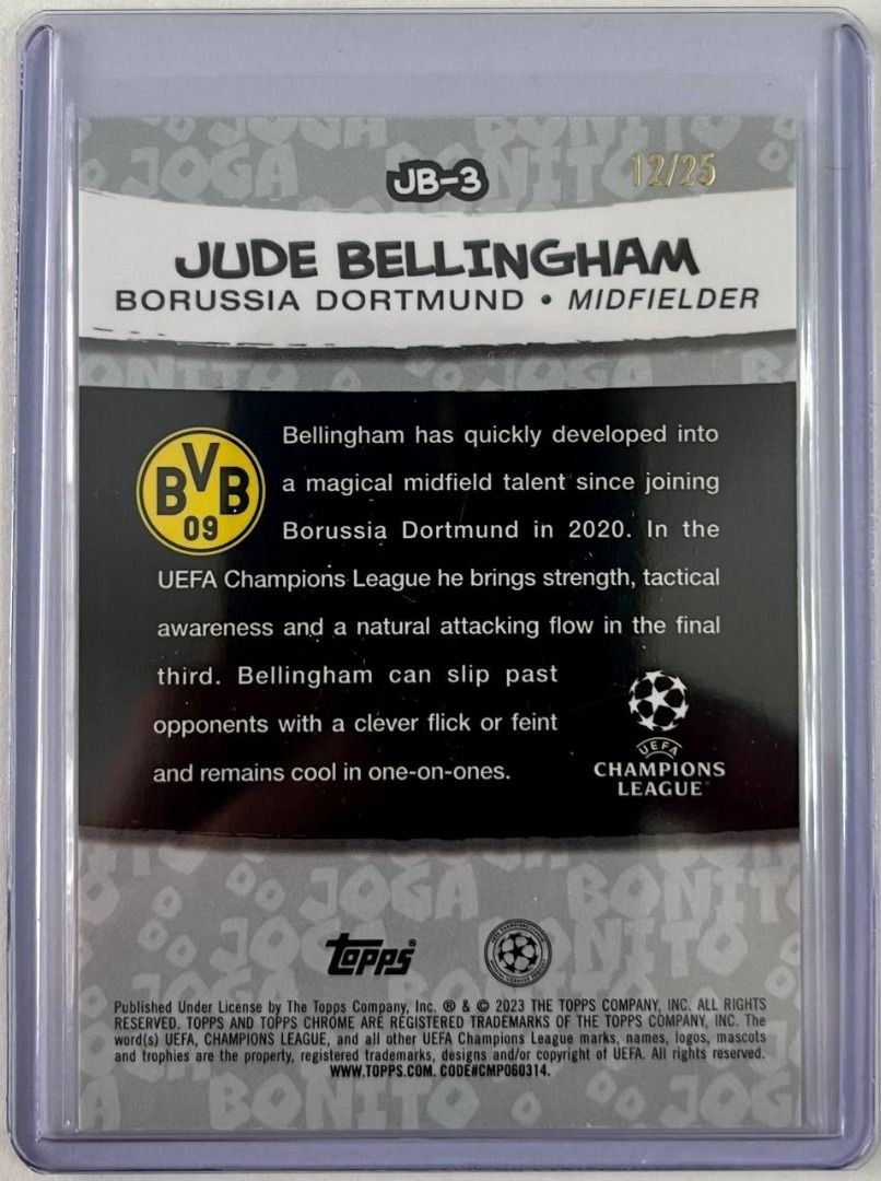 Carte Sportive 2023-24 Stadium Club Chrome UEFA Jude Bellingham Glimpses Of Gold /25 - Neuf, édition Limitée