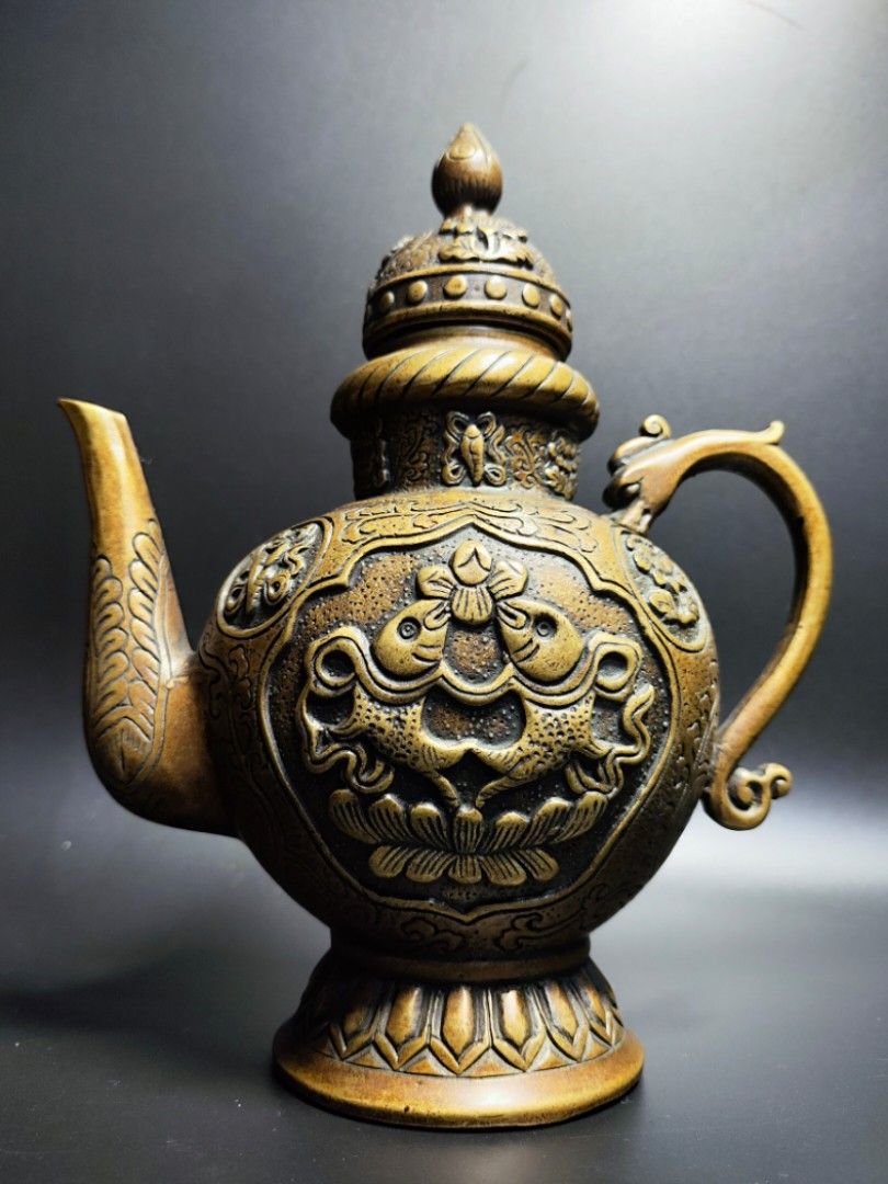 藏出 古董品 古銅器 竹紋 茶壺 酒壺 急須 茶道具 煎茶道具 稀少 日本茶道具，金诚堂制《铜制，竹节型铜水注，铜壶》