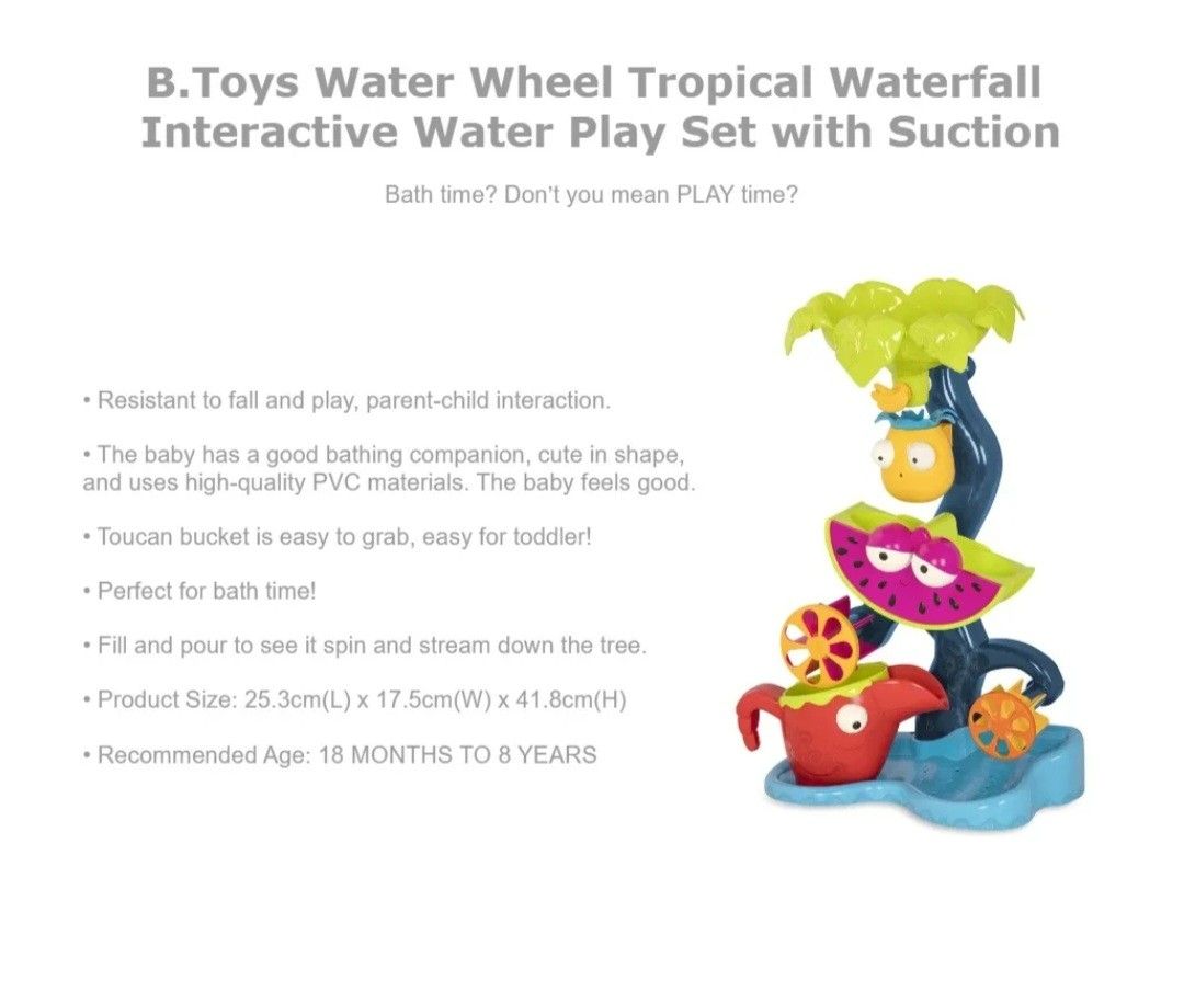 B.Toys Water Wheel Tropical Waterfall Water Play Set with Suction