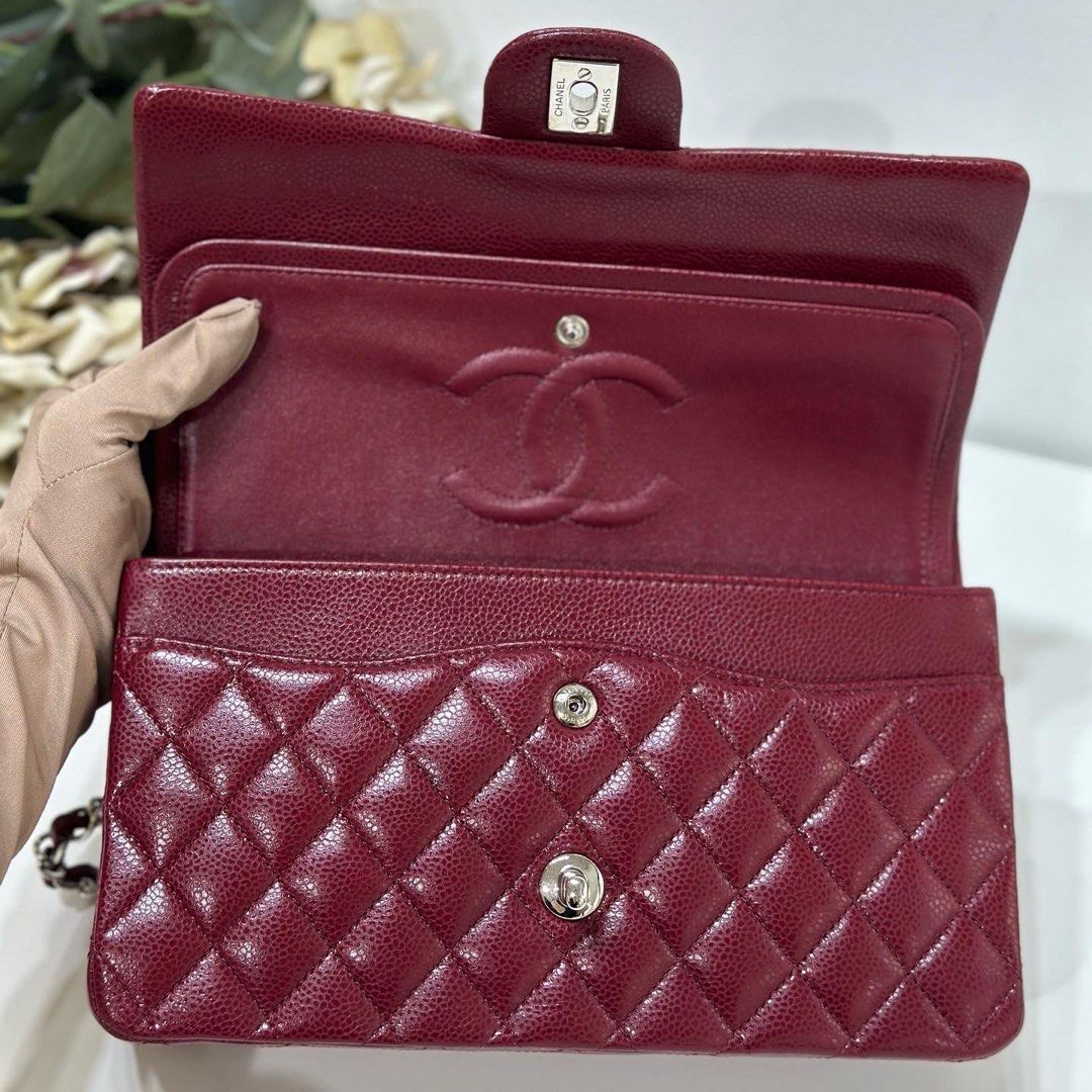 CHANEL Double Flap Maxi Bag Dark Red Burgundy Caviar with Silver