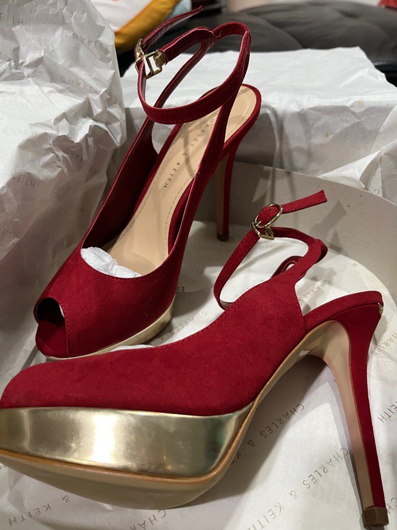 Charles Keith Red platform peep toe suede
