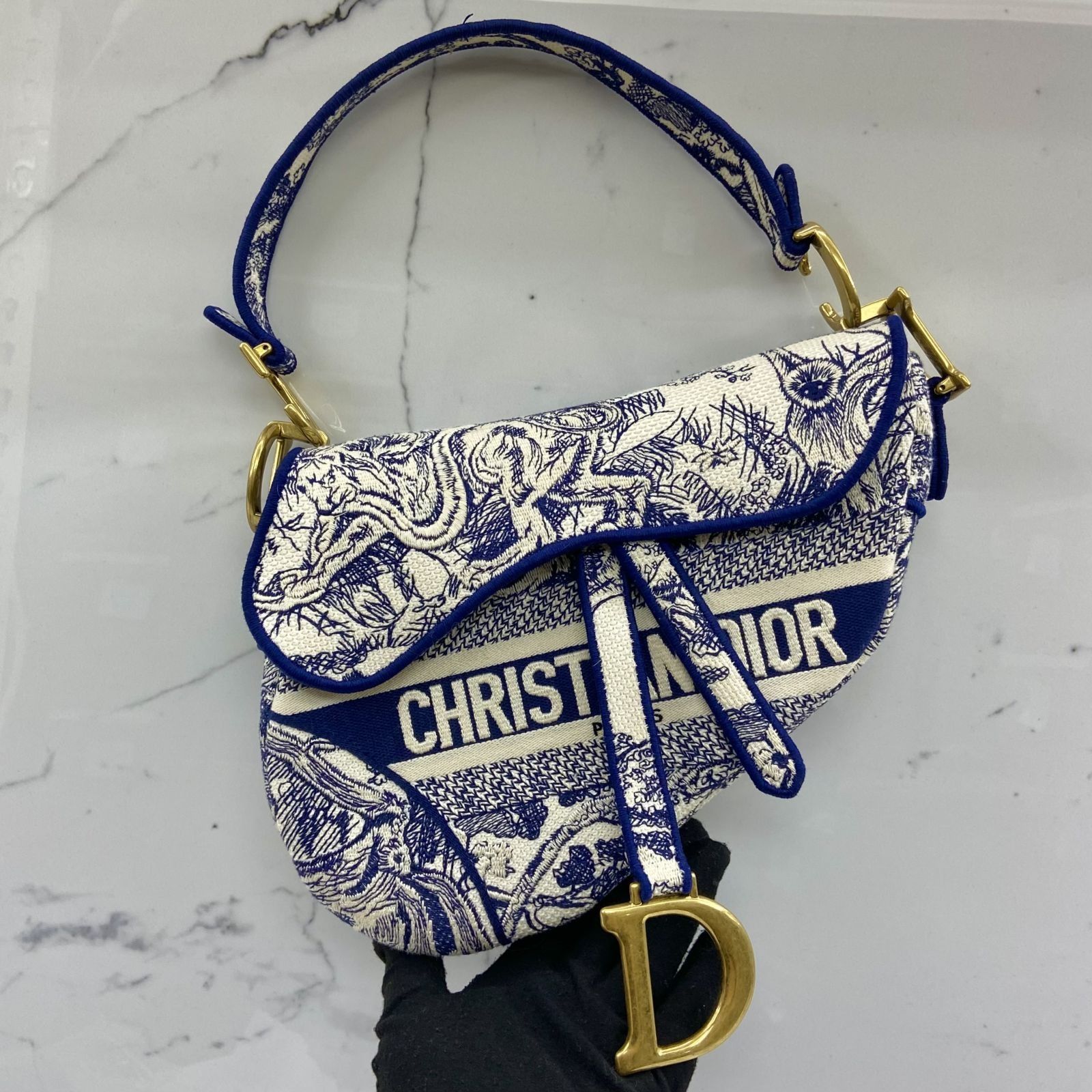 Christian Dior Blue Toile de Jouy Embroidery Saddle Bag