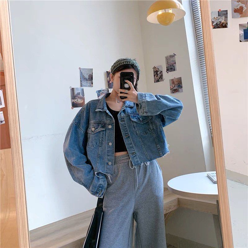 Cropped Denim Jacket with Raw Hem Women s Fashion Coats Jackets
