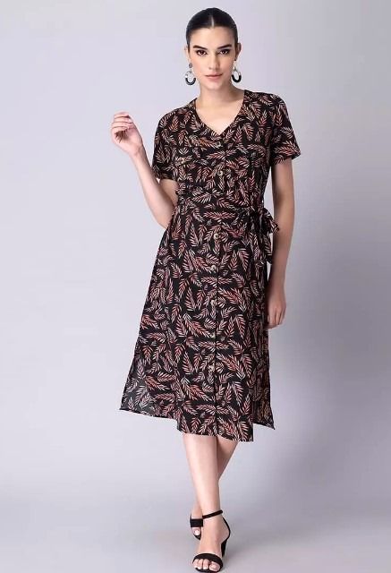 FabAlley Black Tropical Button Down Belted Midi Dress Black XS