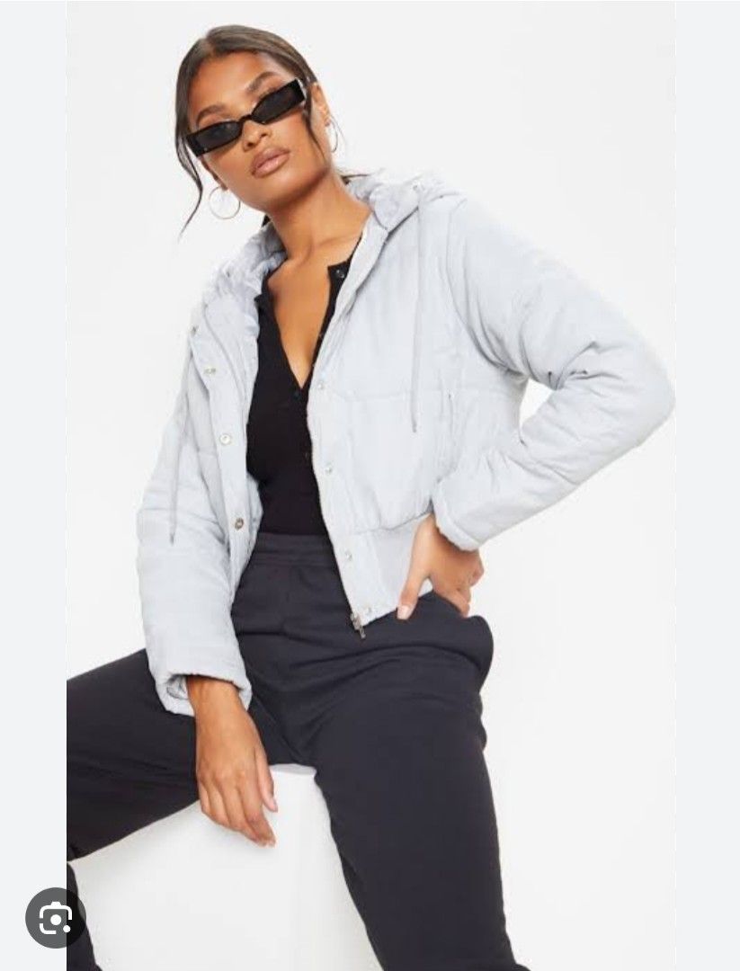 Free SF PrettyLittleThing Crop Grey Peach Skin Hooded Puffer Jacket Women s Fashion Coats Jackets and Outerwear on Carousell
