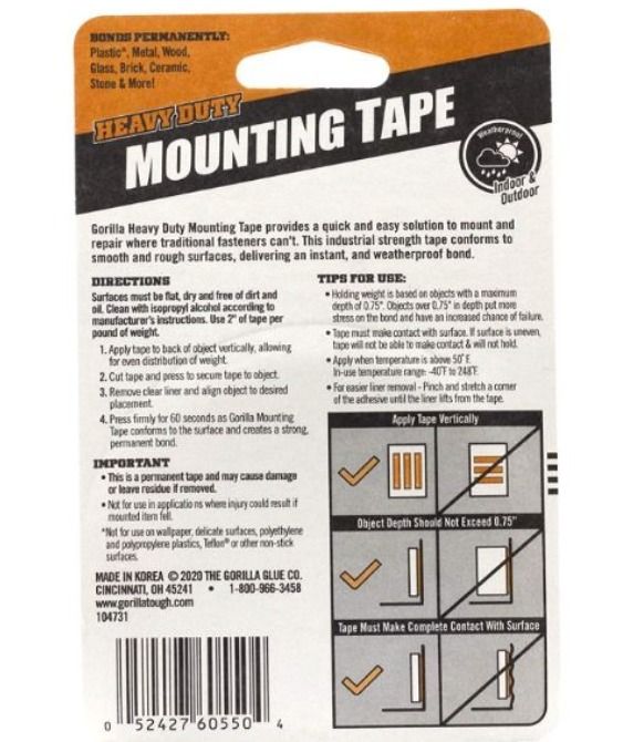 Gorilla Heavy Duty Double Sided Mounting Tape, 1 Inch x 60 Inches