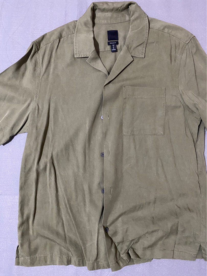 H M Army Green Cuban Collar Button Up Shirt