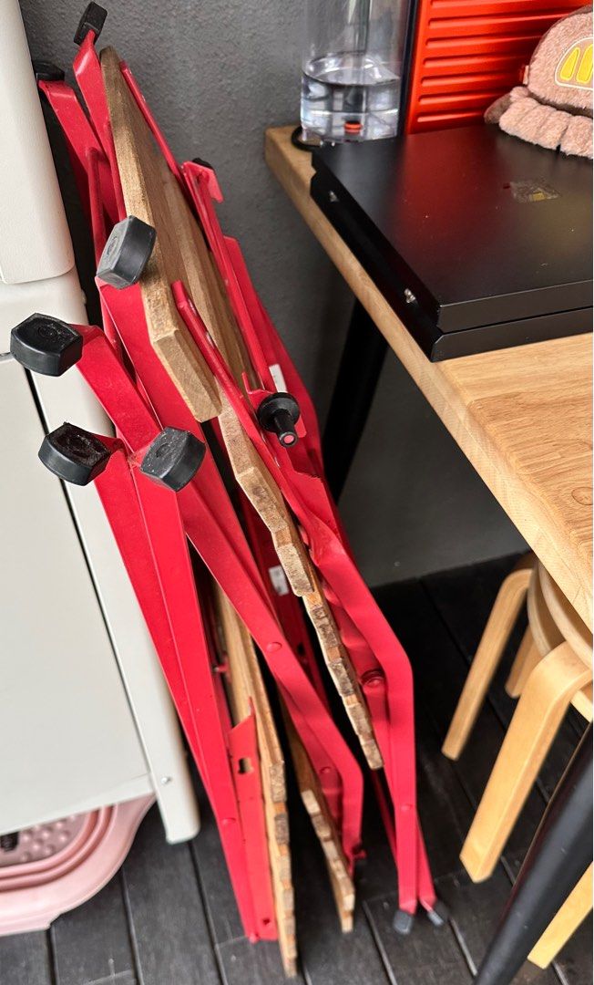 Ikea outdoor table & chair (red & light brown ) , Furniture & Home