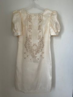 Ladies' Modern Filipiniana with Embroidered Design and Puffed Sleeves