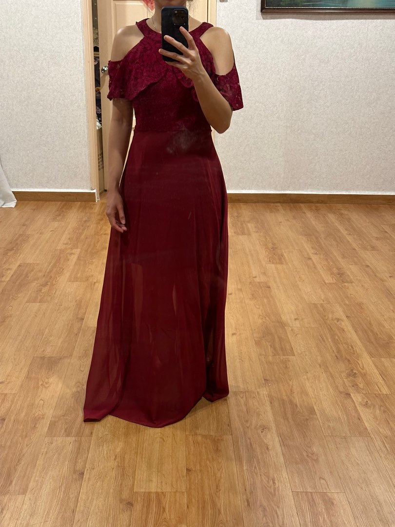 Maroon Cold Shoulder Lace Dress Women s Fashion Dresses Sets