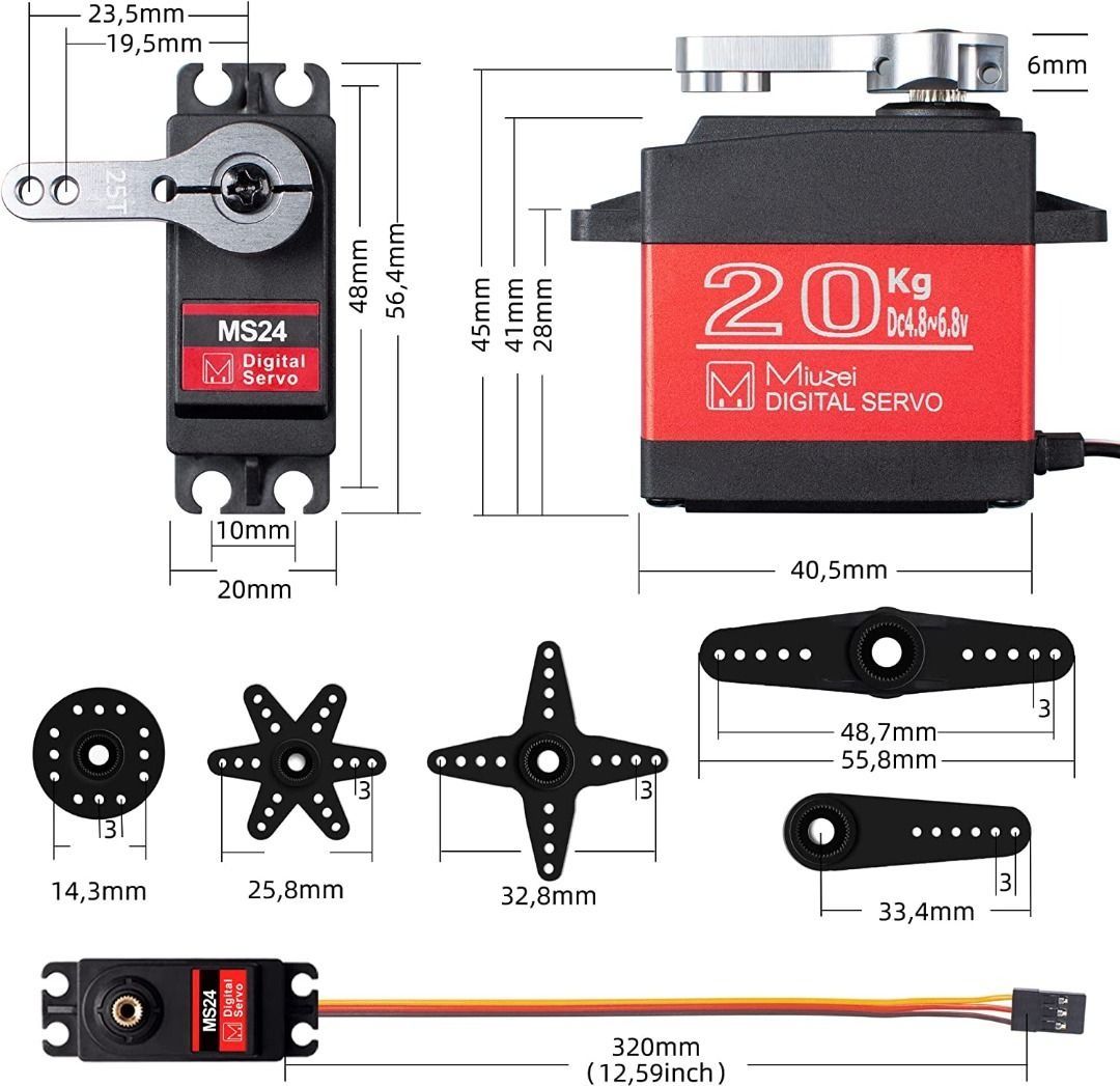 Miuzei 20KG Servo Motor High Torque RC Servo Metal Gear Waterproof for R/C  Model DIY Car Robot, DS3218, Control Angle 270°