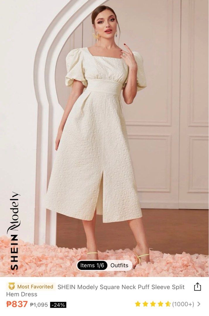 SHEIN Square Neck Puff Sleeve Beige Midi (Category: Dresses) located in Valenzuela. Submitted by snowflaxxe (Listing ID 1242038123, Image 1). Description: RFS: decluttering unused items Bust 37 Waist 28 Length 47 You may ask for actual pics if interested!.