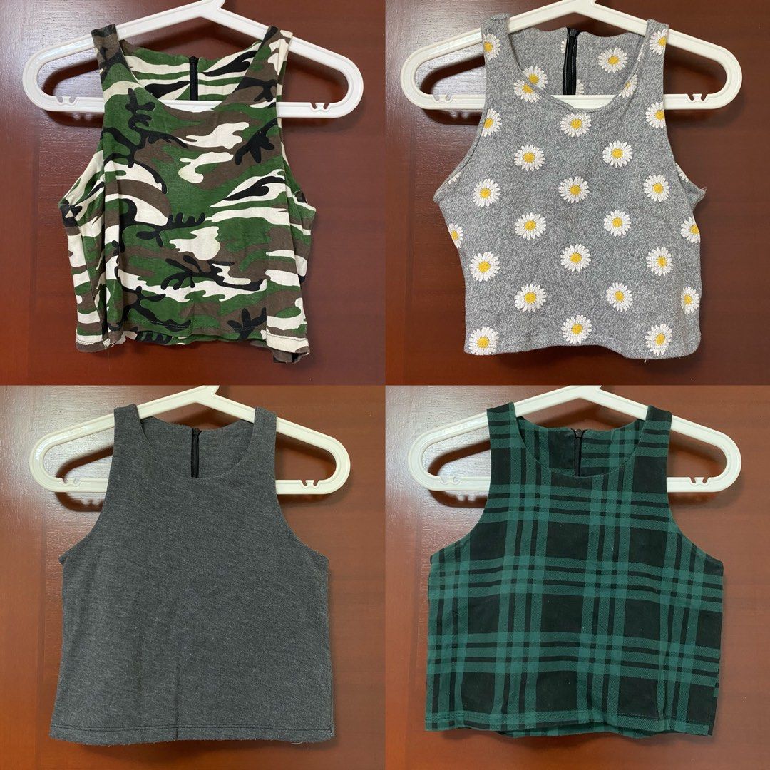Sleeveless halter tops cute trendy girly pretty Korean plain casual designs Army camo green brown black white daisy yellow grey checkered
