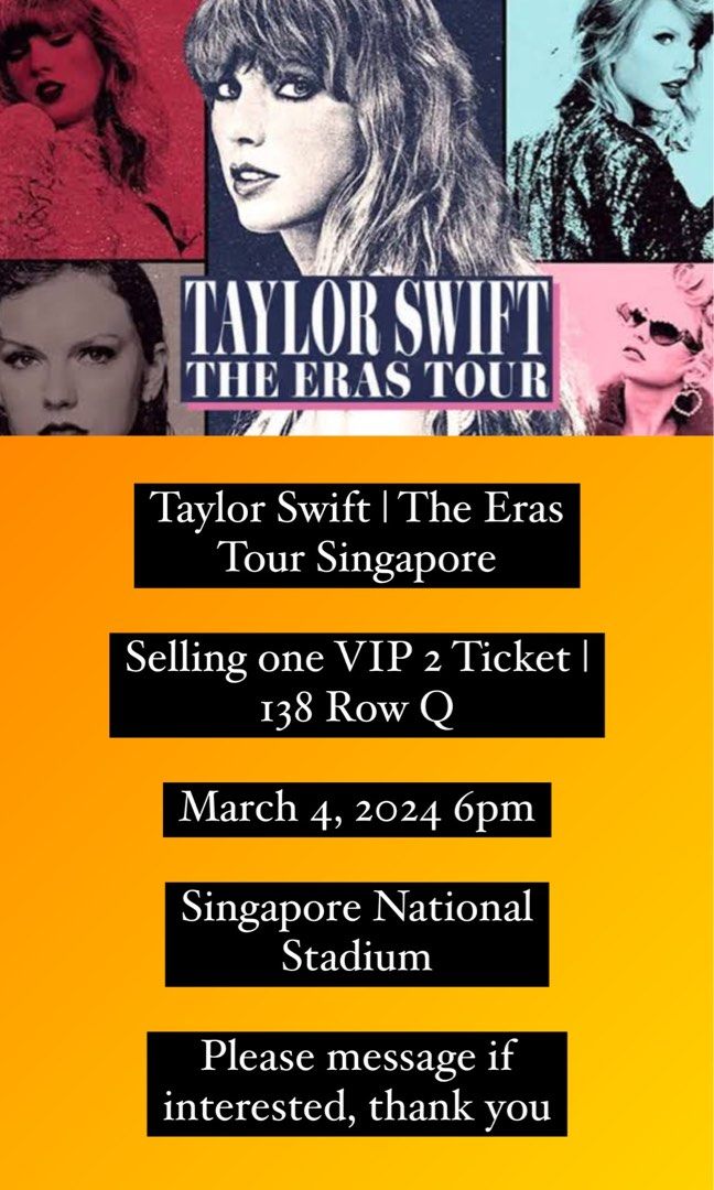 Taylor Swift Eras Tour Singapore VIP2 Ticket for Sale, Tickets