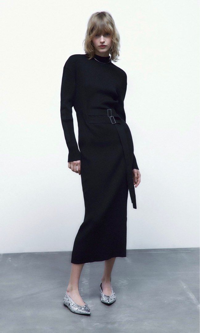 zara black midi dress with belt ZARA Stretchy Midi Dress with Belt for Trendy OOTD
