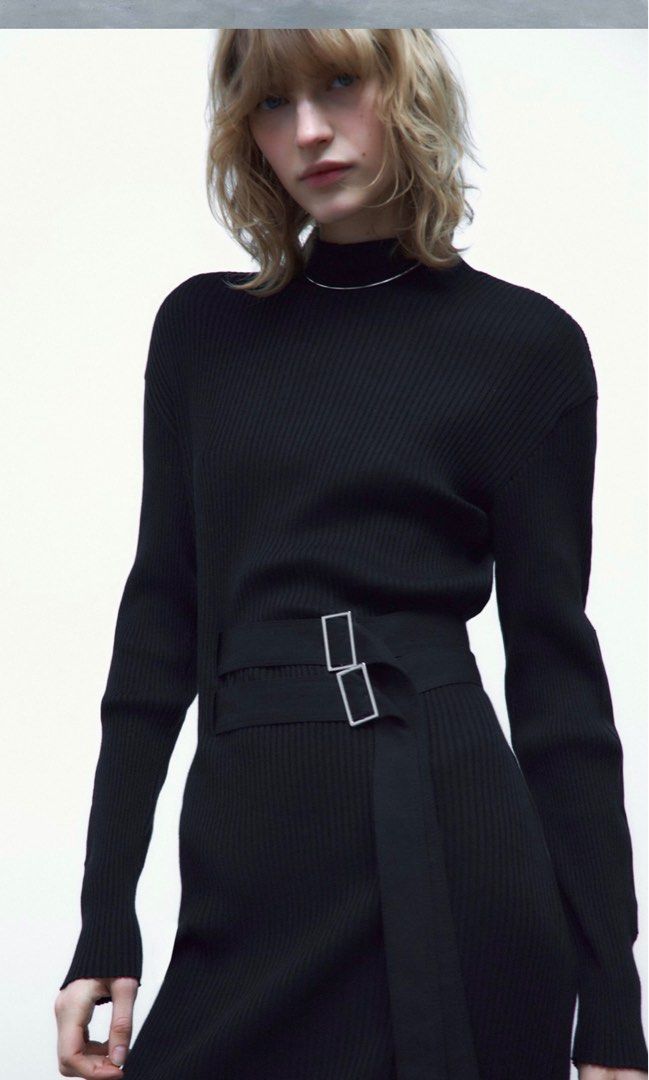 zara black midi dress with belt ZARA Stretchy Midi Dress with Belt for Trendy OOTD