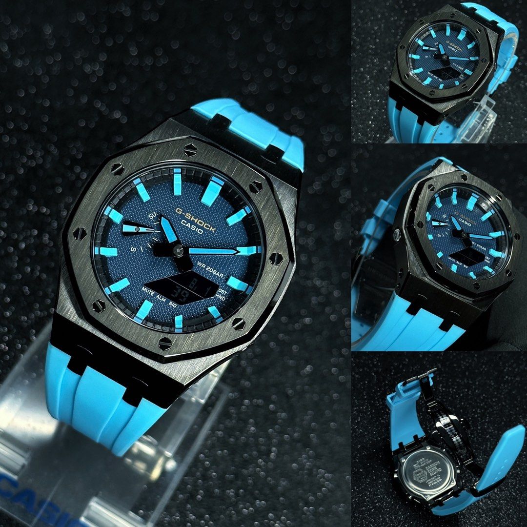 New Sapphire Crystal Glass CasiOak GA 2100 in Titanium Grey Stainless Steel bezel Tapisserie facedial hand painted index and pastel blue