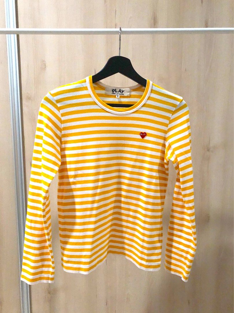 Auth CDG Play Comme des Garcons Women Yellow Stripes Long sleeve T shirt