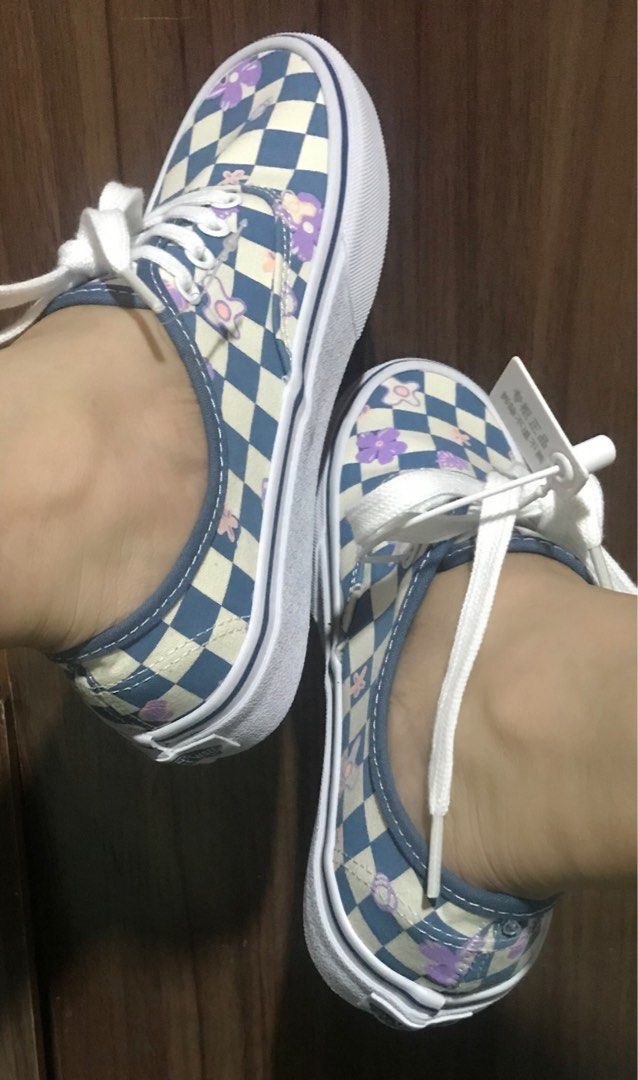 Blue flower top checkerboard vans