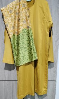 Baju Kurung | Plain Top in Mustard & Skirt with Pattern