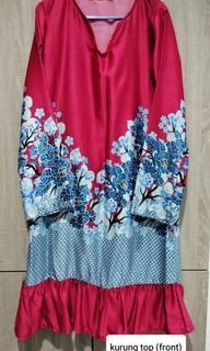 Baju Kurung Satin Maroon  & Blue Floral with Ruffle