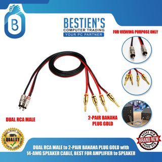 DUAL RCA MALE to 2-PAIR BANANA PLUG GOLD with 14-AWG SPEAKER CABLE, BEST FOR AMPLIFIER to SPEAKER