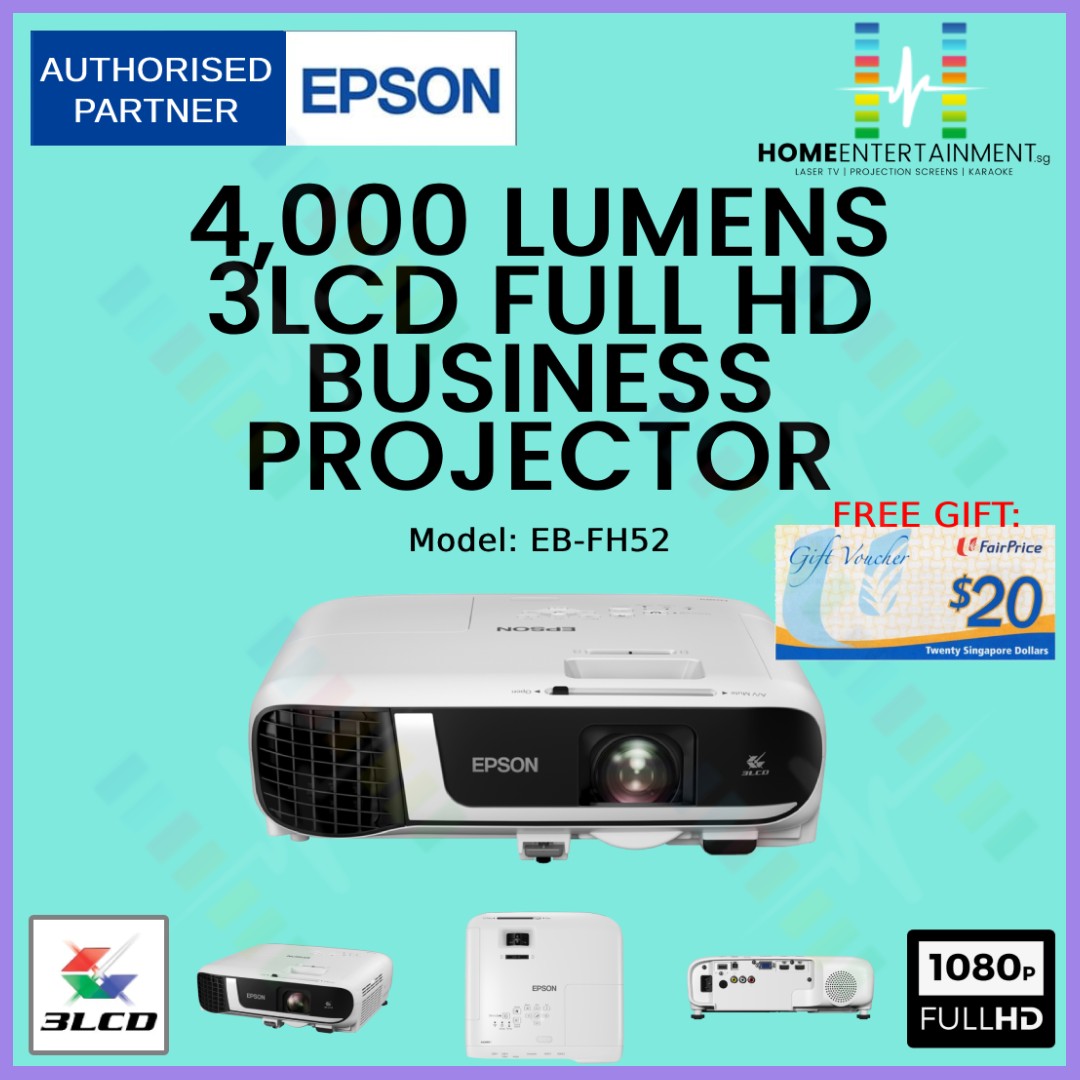 EPSON EB-FH52 EPSON FH52 BRIGHTEST WITH 4,000 LUMENS FULL HD BUSINESS  PROJECTOR [FREE $20 NTUC VOUCHER], TV  Home Appliances, TV   Entertainment, Projectors on Carousell