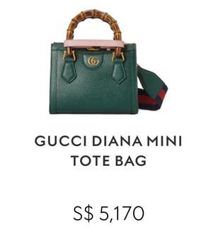 Gucci Diana Mini tote 7.9W x 6.3H x 3.9D inch Green leather Bamboo