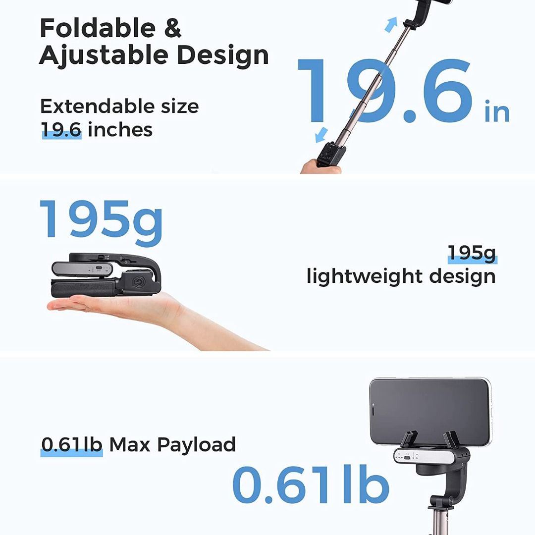 Hohem iSteady Q (Category: Gimbals & Stabilizers ) located in Manila. Submitted by vmidirect (Listing ID 1246400855, Image 2). Description: SPECIFICATION Product Type: Stabilizing Stick Model: iSteady Q Weight: 195g Material: PA&PC + ABS Dimension (mm): 140 X 54 X 36 (Folded) Color: Black, White Compatible Phones: ≤ 280g(Weight), ≤ 11mm (Thickness), 55.5mm~100mm (Width) Mechanical Range: * Pan: 360° / Roll: 360° Controllable Range: * Pan: 360° / 