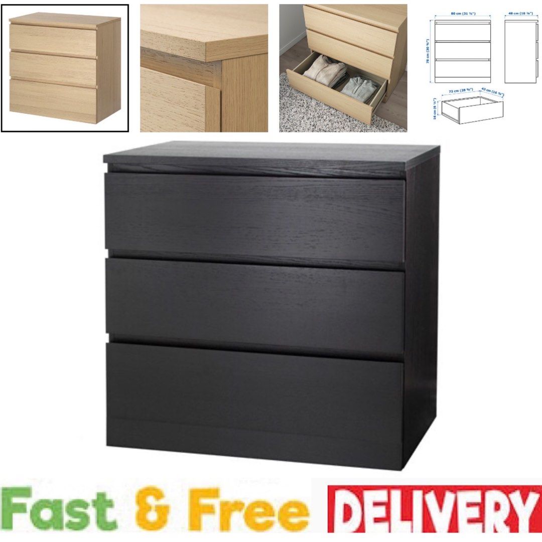 Ikea malm 3 drawer chest black brown discount
