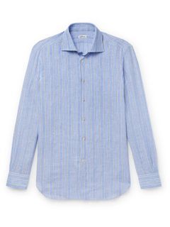 (barunya 16jt) Kiton Striped Linen Shirt In Blue