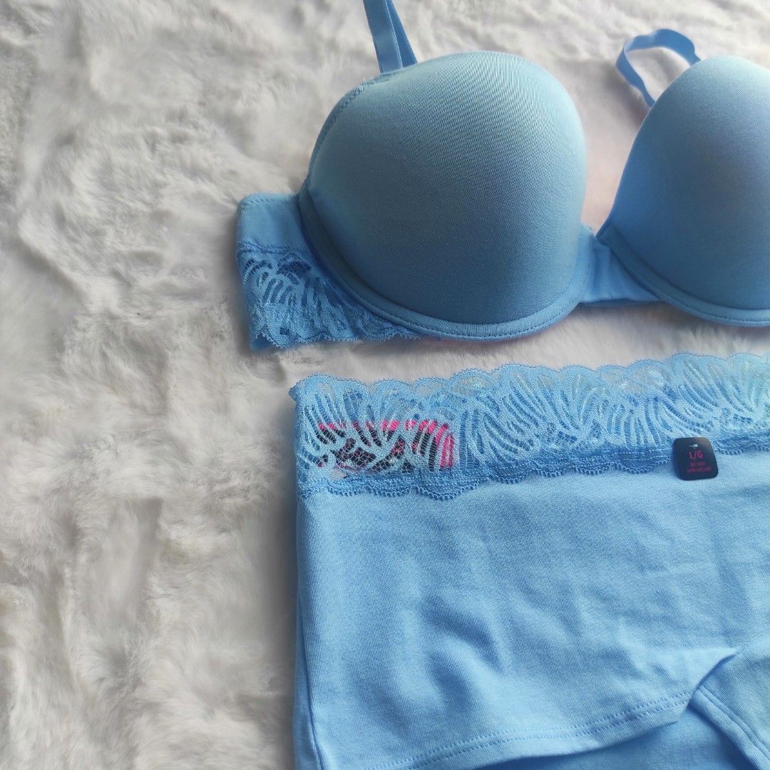 La Senza Remix No Push Up Bra Size 38B With Panty Size L - Blue Lace