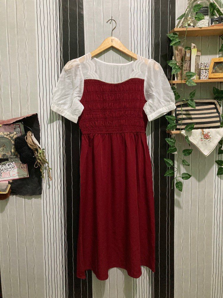 Like new import fancy dress white red smoke lengan ngebalon banyak