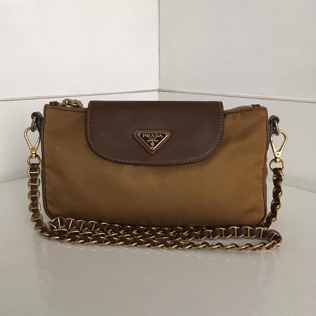 PRADA-Logo-Nylon-Leather-Crossbody-Chain-Shoulder-Bag-Brown-BT0779