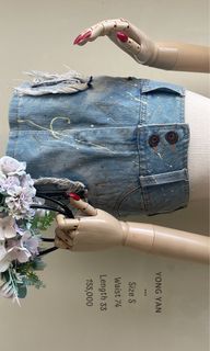 Rok mini pendek jeans denim cargo motif keren gold emas biru zipper ripped sobek unik lucu vintage premium preloved baru jual rugi murah china jepang korea bkk