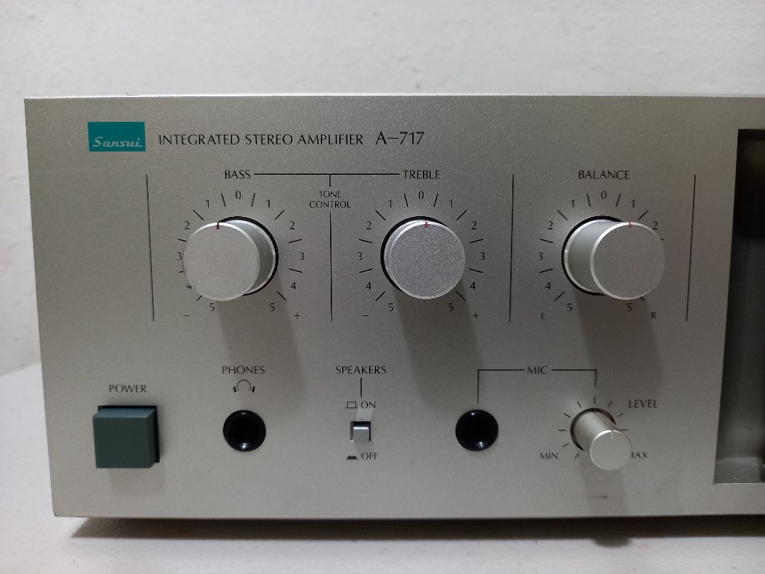 Sansui A-717 Stereo Integrated Amplifier (Category: Soundbars, Speakers & Amplifiers) located in Quezon City. Submitted by mb.tan (Listing ID 1246544432, Image 2). Description: Sansui A-717 Stereo Integrated Amplifier - Similar to Sansui A-707/A-710/A-909 models made between 1982-1985. - 100 volts/100 watts - Requires 8-16 ohm speakers - All features such as bass, treble, balance, loudness work. - With 2 switched AC outlets..