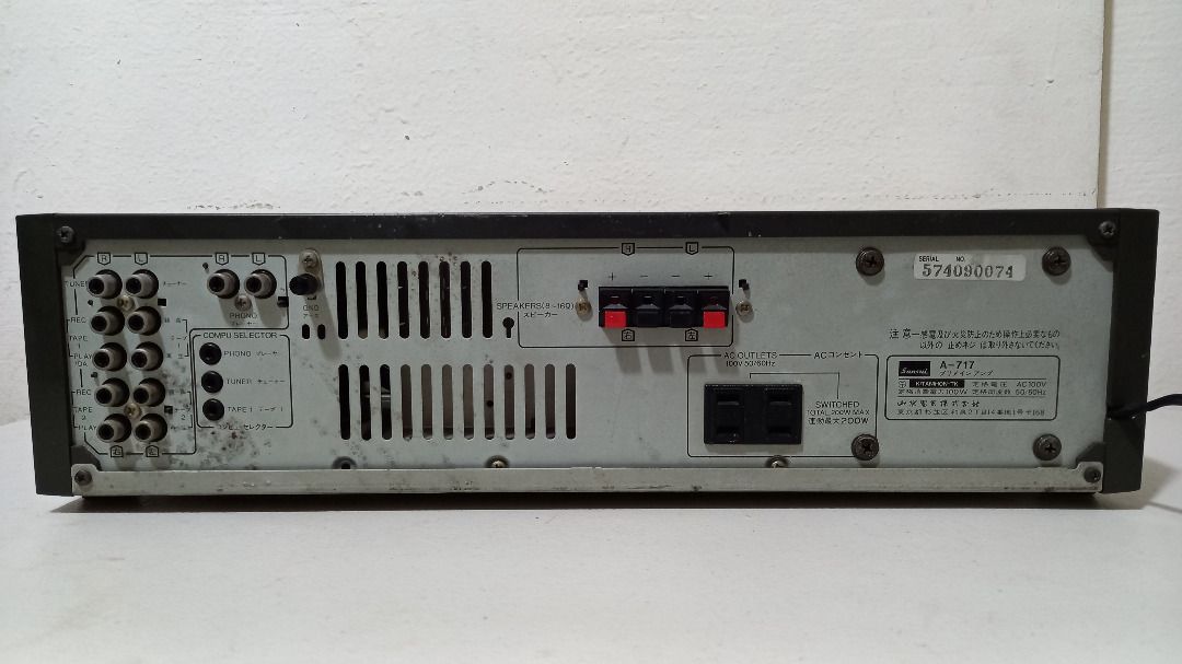 Sansui A-717 Stereo Integrated Amplifier (Category: Soundbars, Speakers & Amplifiers) located in Quezon City. Submitted by mb.tan (Listing ID 1246544432, Image 3). Description: Sansui A-717 Stereo Integrated Amplifier - Similar to Sansui A-707/A-710/A-909 models made between 1982-1985. - 100 volts/100 watts - Requires 8-16 ohm speakers - All features such as bass, treble, balance, loudness work. - With 2 switched AC outlets..