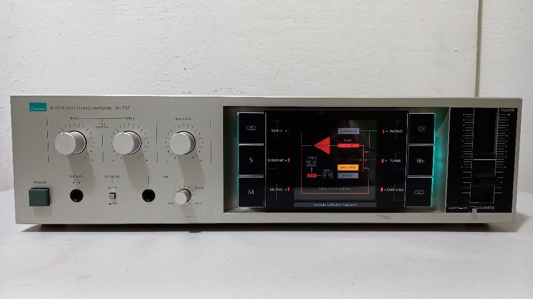 Sansui A-717 Stereo Integrated Amplifier (Category: Soundbars, Speakers & Amplifiers) located in Quezon City. Submitted by mb.tan (Listing ID 1246544432, Image 1). Description: Sansui A-717 Stereo Integrated Amplifier - Similar to Sansui A-707/A-710/A-909 models made between 1982-1985. - 100 volts/100 watts - Requires 8-16 ohm speakers - All features such as bass, treble, balance, loudness work. - With 2 switched AC outlets..