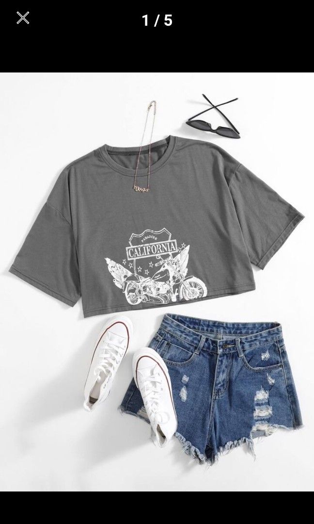 SHEIN Letter Graphic Crop Tee  Cropped tee outfit, Cropped white tee, Tee  outfit summer