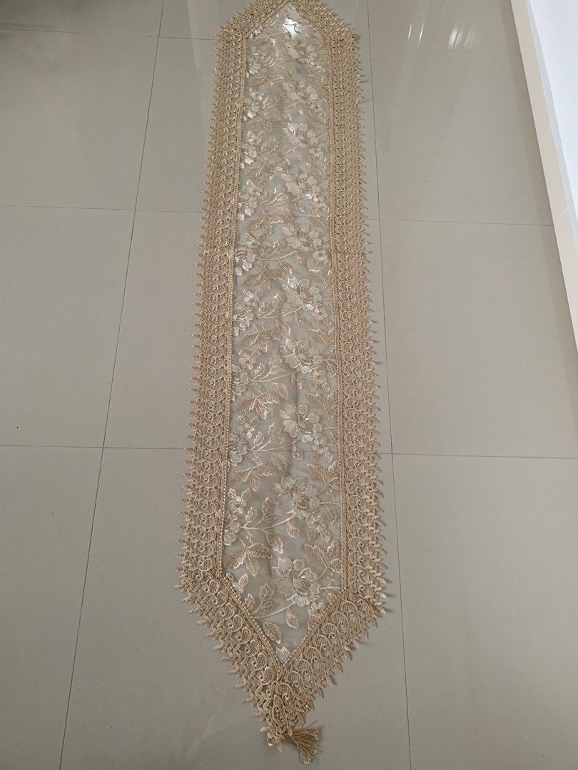 Table Runner (Category: Other Home Decor) located in Singapore. Submitted by xxscorezz (Listing ID 1246386562, Image 2). Description: $12-lace table runner - L-2m, B-39cm, pic 2 $8 - Brown Thai silk runner - L(2m), B(32cm), pic 3 $10 - Runner with lettering - L(2.3m), B(33cm), pic 4 $10 - Runner with flower - L(1.95m), B(33cm), pic 4 (sold).