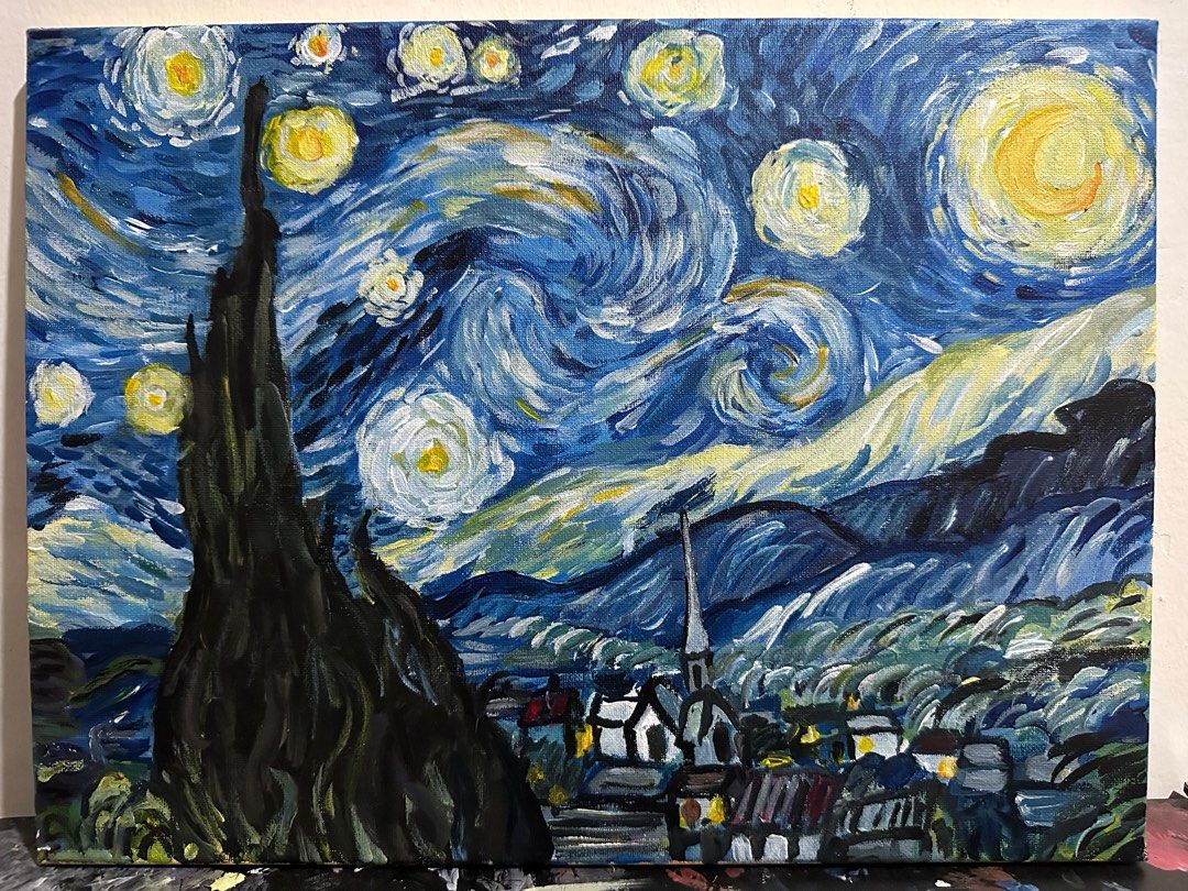 The Starry Night Painting (Category: Art & Prints) located in Pagbilao. Submitted by kdtn0 (Listing ID 1246484122, Image 1). Description: The Starry Night by Vincent van Gogh Art copy 30 x 40 cm Acrylic on canvas .