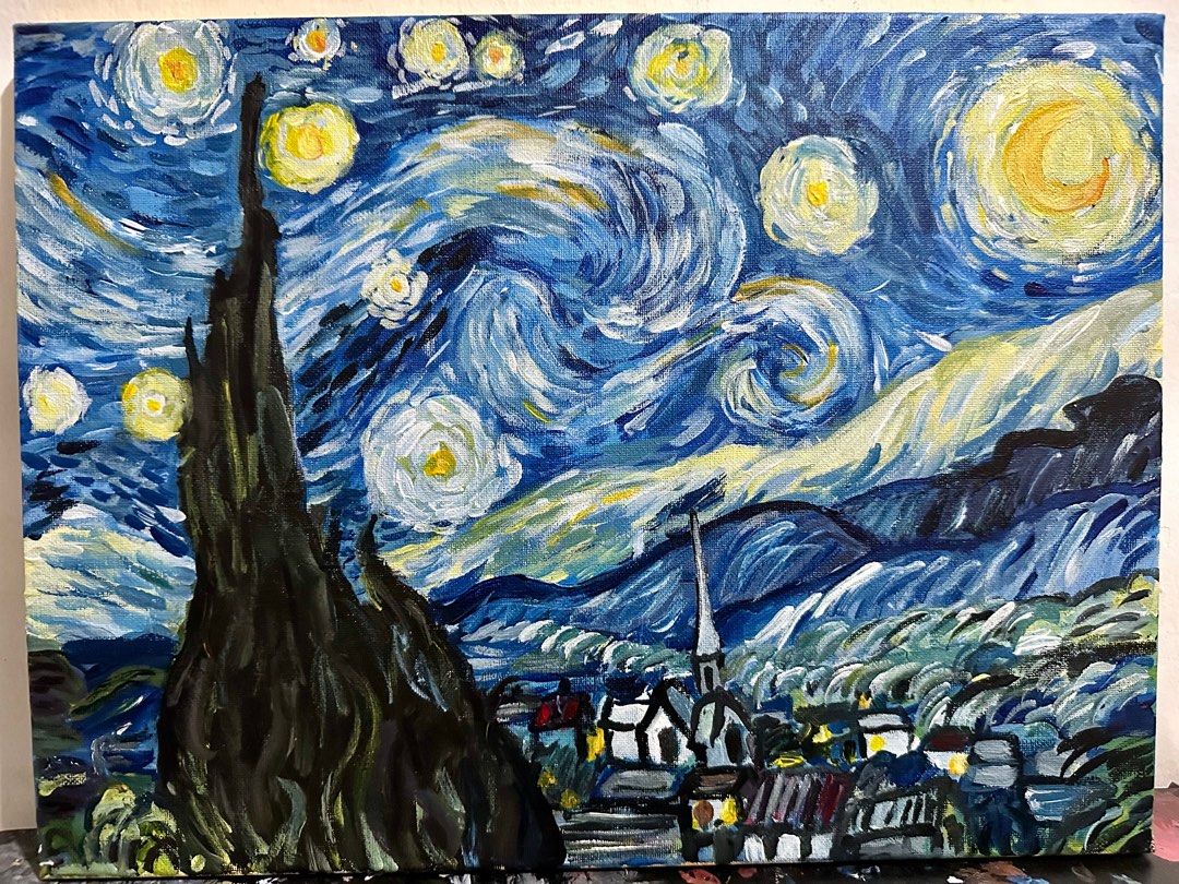 The Starry Night Painting (Category: Art & Prints) located in Pagbilao. Submitted by kdtn0 (Listing ID 1246484122, Image 2). Description: The Starry Night by Vincent van Gogh Art copy 30 x 40 cm Acrylic on canvas .