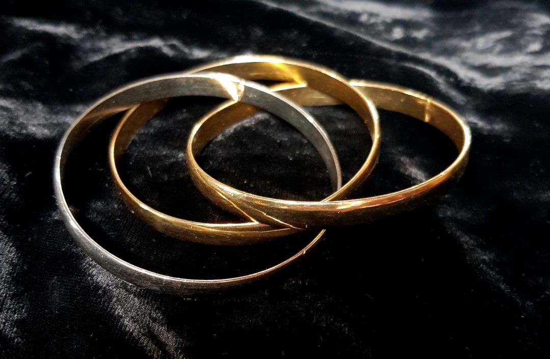 Triple Intertwined 2 Gold and 1 Silver Bangles Bracelet (Category: Bracelets) located in General Trias. Submitted by silverstar1221 (Listing ID 1246401204, Image 2). Description: Item Name: Triple Intertwined 2 Gold and 1 Silver Bangles Bracelet Item Description: • Bought from Japan Auction •AS-IS Rules and Policy: • No Meet Up • No COD • Shipping or Delivery Only. • No cancellation once order is placed. Please finalized your order to avoid probl