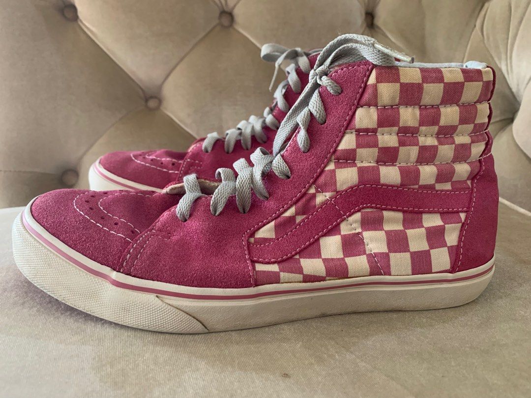 Pink checkered online high top vans