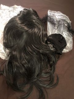 Wig sgt mirip Rambut asli Premium sintetis-hitam pekat berponi model segi layer hime cut beli Ori rambut asli